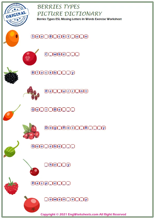 Berries Types ESL Missing Letters In Words Exercise Worksheet Worksheet Preview