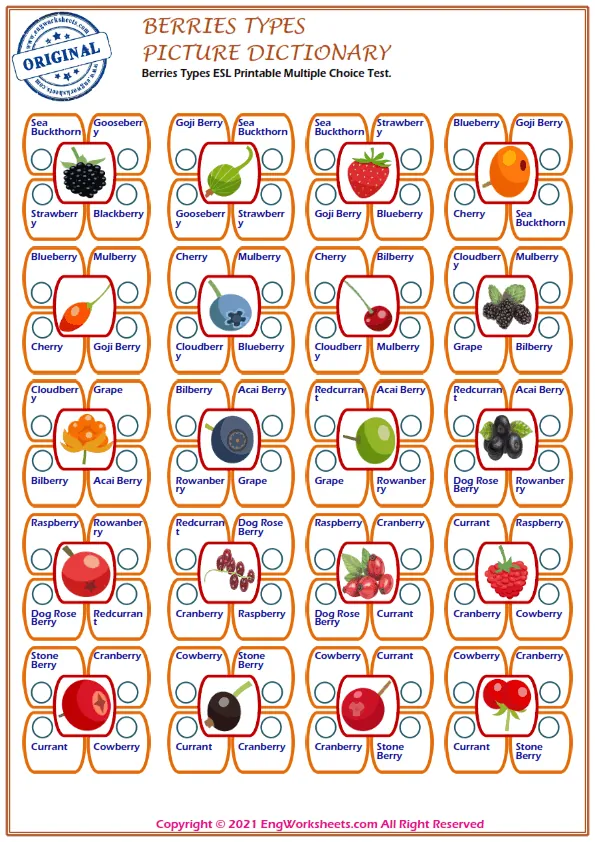 Berries Types ESL Printable Multiple Choice Test. Worksheet Preview