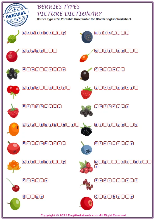 Berries Types ESL Printable Unscramble the Words English Worksheet. Worksheet Preview