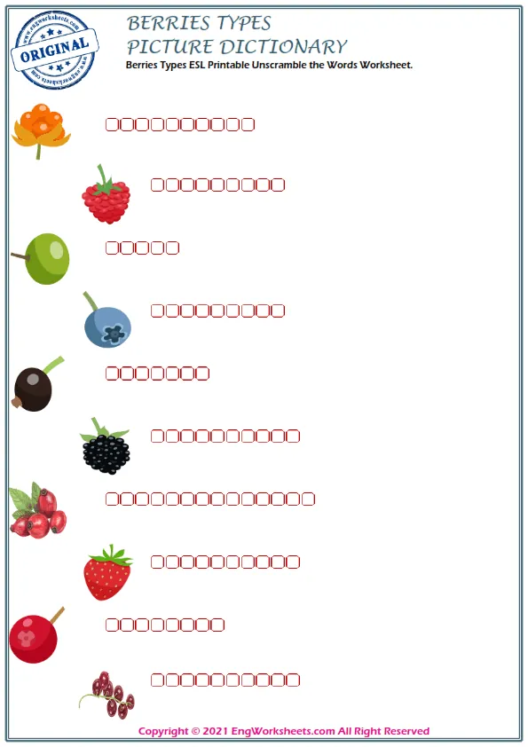 Berries Types ESL Printable Unscramble the Words Worksheet. Worksheet Preview