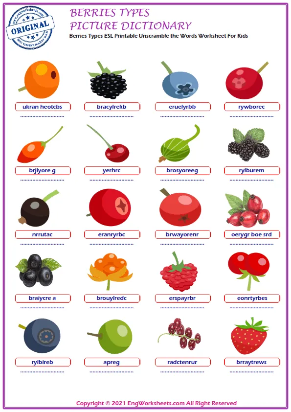 Berries Types ESL Printable Unscramble the Words Worksheet For Kids Worksheet Preview