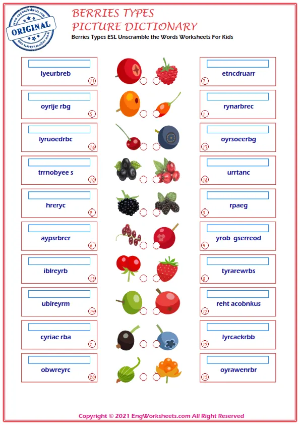 Berries Types ESL Unscramble the Words Worksheets For Kids Worksheet Preview