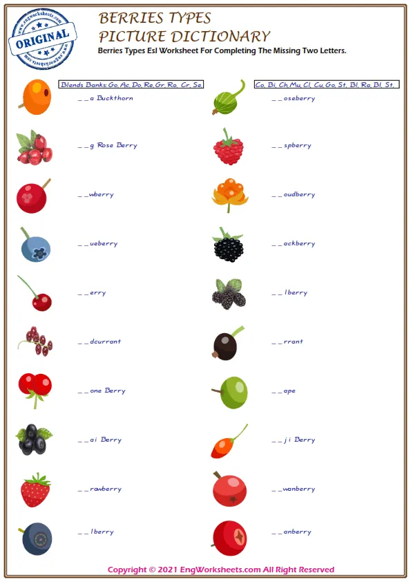 Berries Types Esl Worksheet For Completing The Missing Two Letters. Worksheet Preview