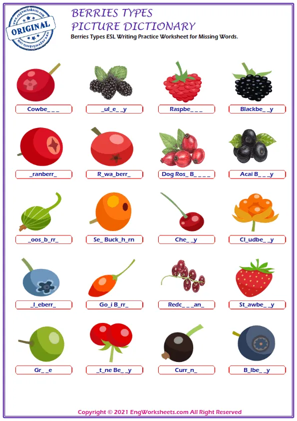 Berries Types ESL Writing Practice Worksheet for Missing Words. Worksheet Preview