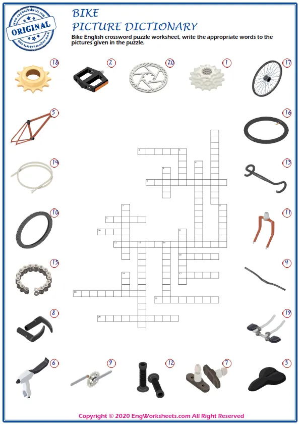 Bike English crossword puzzle worksheet, write the appropriate words to the pictures given in the puzzle. Worksheet Preview