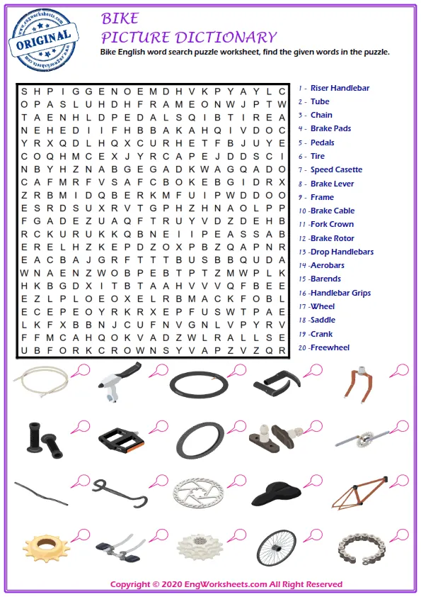 Bike English word search puzzle worksheet, find the given words in the puzzle. Worksheet Preview