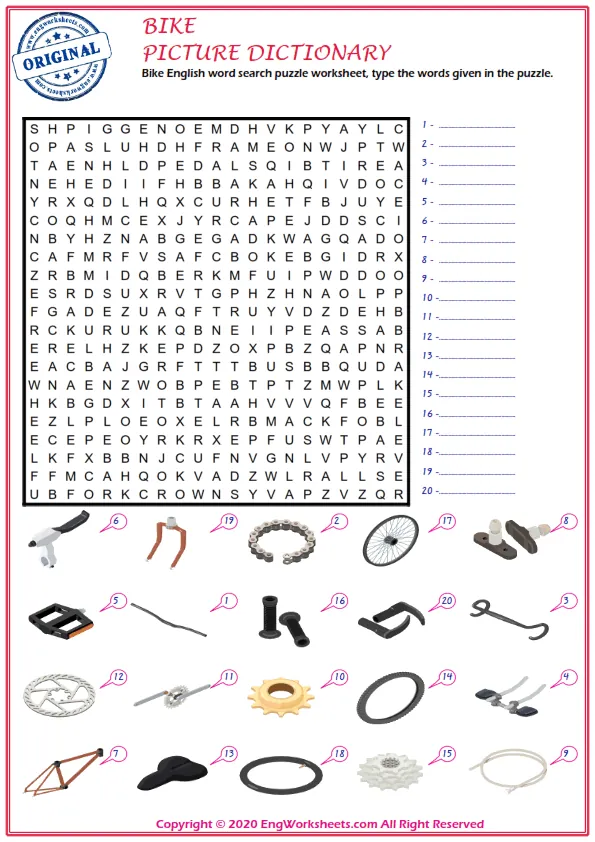 Bike English word search puzzle worksheet, type the words given in the puzzle. Worksheet Preview