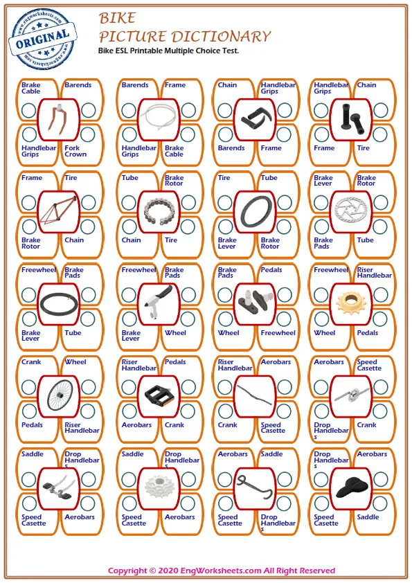 Bike ESL Printable Multiple Choice Test. Worksheet Preview