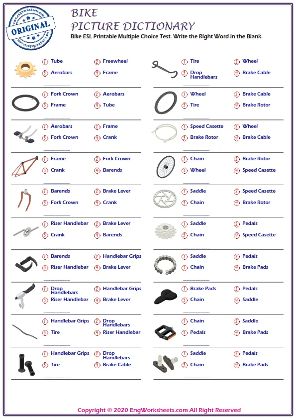Bike ESL Printable Multiple Choice Test. Write the Right Word in the Blank. Worksheet Preview