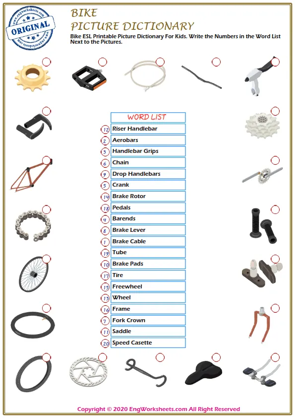 Bike ESL Printable Picture Dictionary For Kids. Write the Numbers in the Word List Next to the Pictures. Worksheet Preview