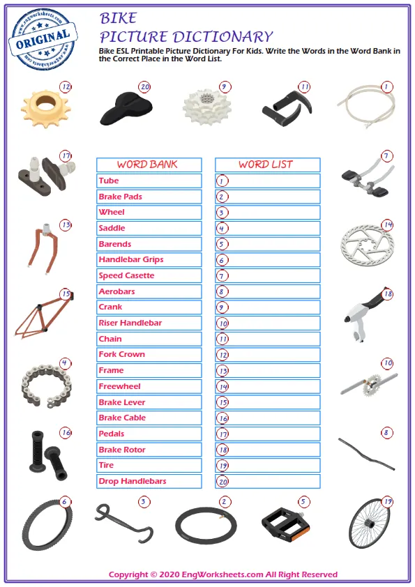 Bike ESL Printable Picture Dictionary For Kids. Write the Words in the Word Bank in the Correct Place in the Word List.