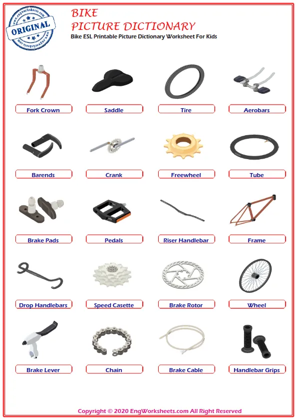 Bike ESL Printable Picture Dictionary Worksheet For Kids Worksheet Preview