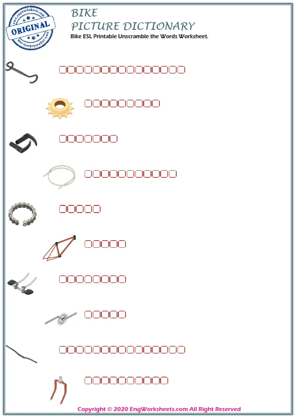 Bike ESL Printable Unscramble the Words Worksheet. Worksheet Preview