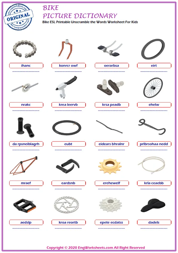 Bike ESL Printable Unscramble the Words Worksheet For Kids Worksheet Preview