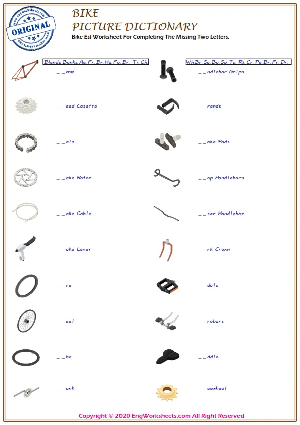 Bike Esl Worksheet For Completing The Missing Two Letters.