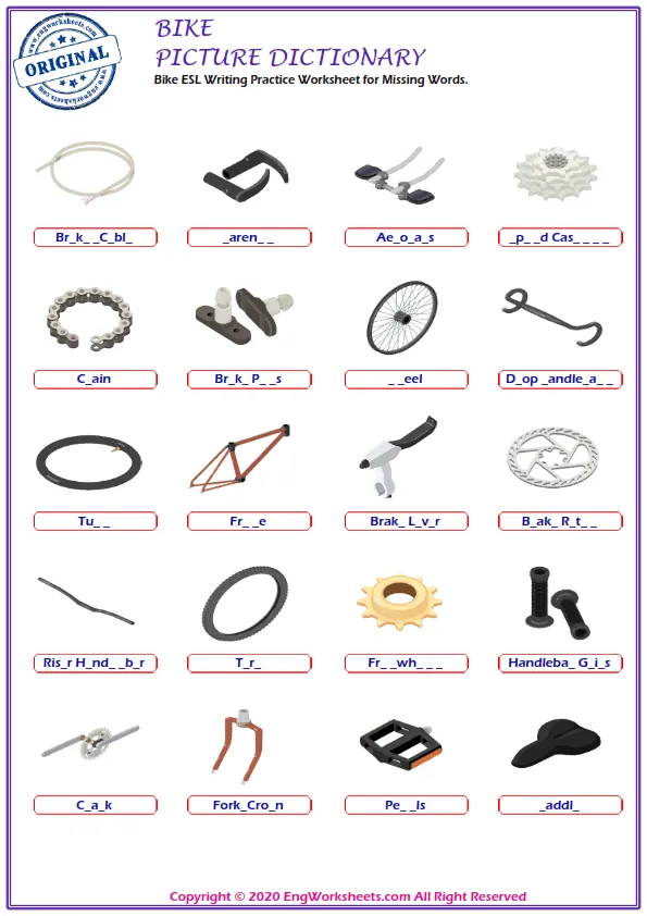 Bike ESL Writing Practice Worksheet for Missing Words. Worksheet Preview