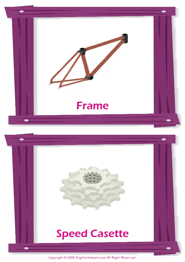 Bike vocabulary worksheet with words, two images per page