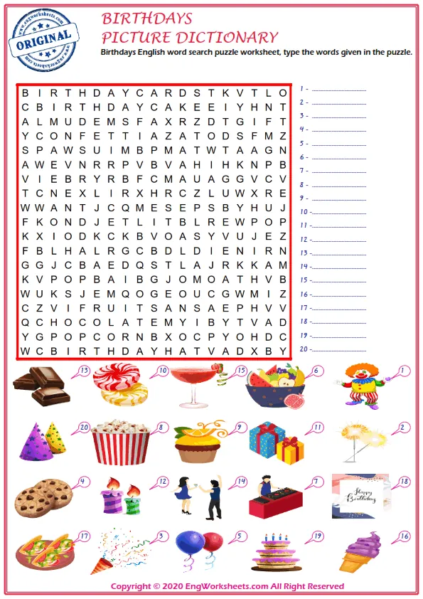 Birthdays English word search puzzle worksheet, type the words given in the puzzle. Worksheet Preview
