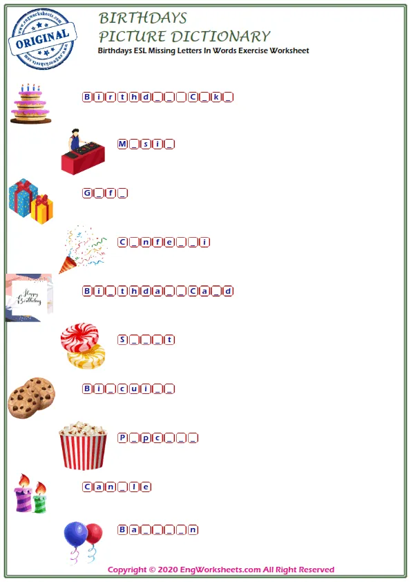 Birthdays ESL Missing Letters In Words Exercise Worksheet Worksheet Preview