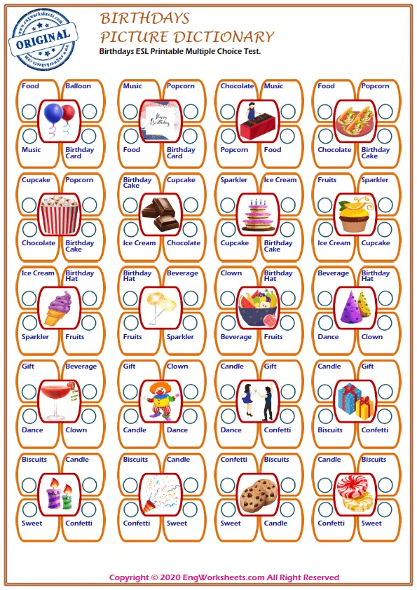 Birthdays ESL Printable Multiple Choice Test. Worksheet Preview