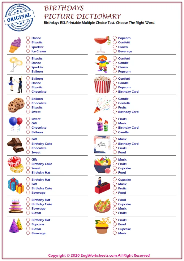Birthdays ESL Printable Multiple Choice Test. Choose The Right Word. Worksheet Preview