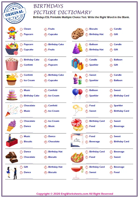 Birthdays ESL Printable Multiple Choice Test. Write the Right Word in the Blank. Worksheet Preview
