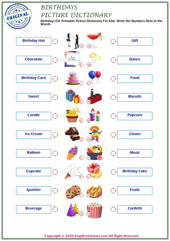 Birthdays ESL Printable Picture Dictionary For Kids. Write the Numbers Next to the Words. Worksheet Preview