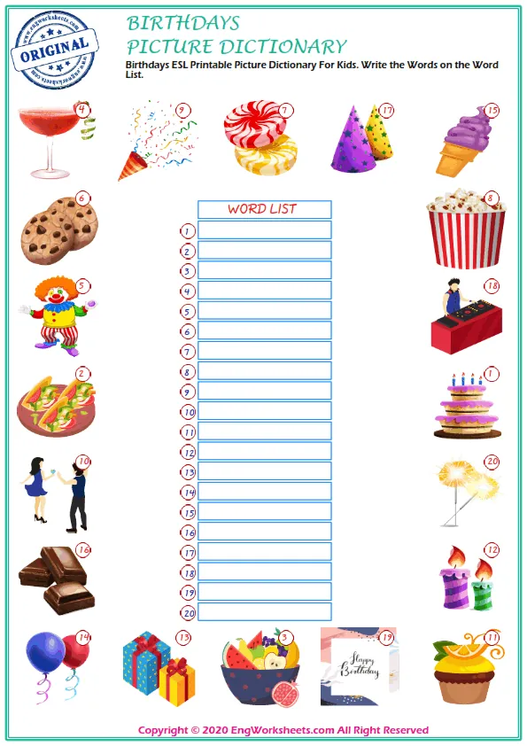 Birthdays ESL Printable Picture Dictionary For Kids. Write the Words on the Word List. Worksheet Preview