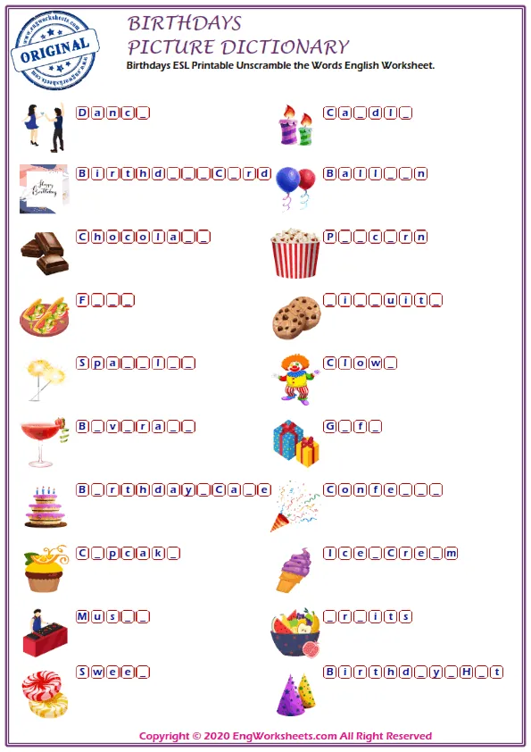 Birthdays ESL Printable Unscramble the Words English Worksheet. Worksheet Preview