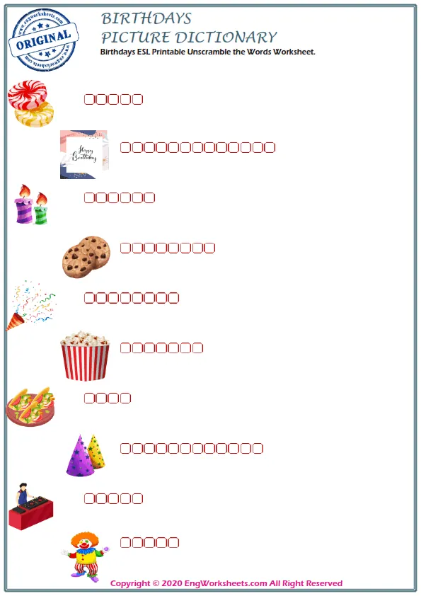 Birthdays ESL Printable Unscramble the Words Worksheet. Worksheet Preview