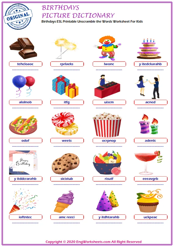 Birthdays ESL Printable Unscramble the Words Worksheet For Kids Worksheet Preview