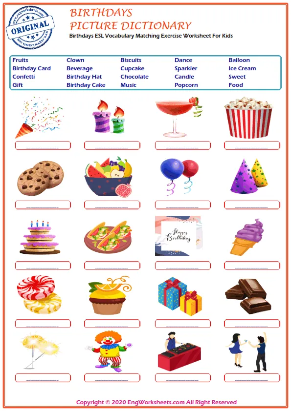 Birthdays ESL Vocabulary Matching Exercise Worksheet For Kids
