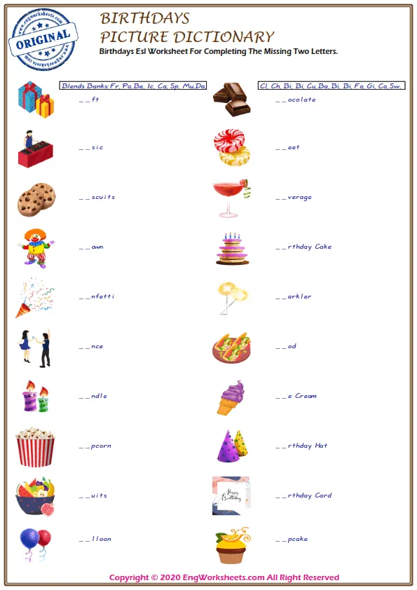 Birthdays Esl Worksheet For Completing The Missing Two Letters. Worksheet Preview