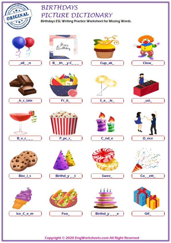 Birthdays ESL Writing Practice Worksheet for Missing Words. Worksheet Preview