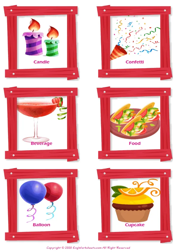 Birthdays vocabulary worksheet with words, six images per page Worksheet Preview