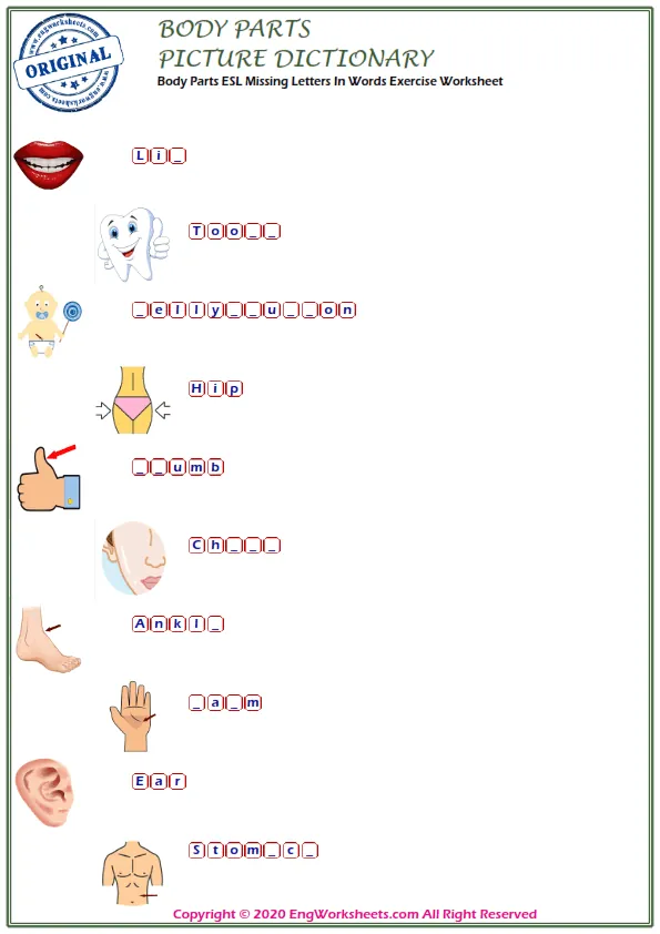 Body Parts ESL Missing Letters In Words Exercise Worksheet Worksheet Preview
