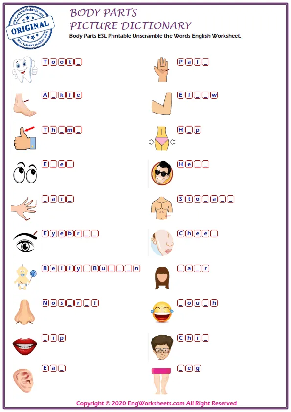 Body Parts ESL Printable Unscramble the Words English Worksheet. Worksheet Preview
