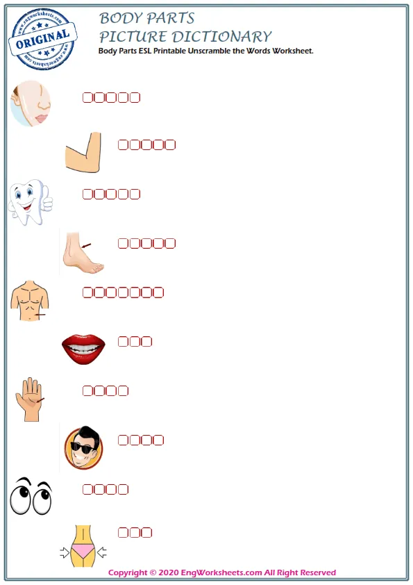 Body Parts ESL Printable Unscramble the Words Worksheet.