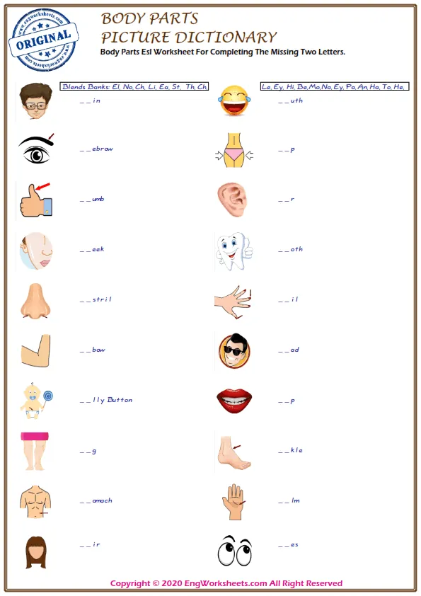 Body Parts Esl Worksheet For Completing The Missing Two Letters. Worksheet Preview