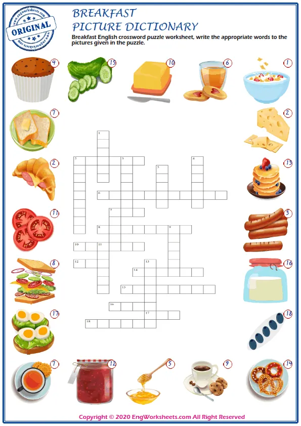 Breakfast English crossword puzzle worksheet, write the appropriate words to the pictures given in the puzzle. Worksheet Preview