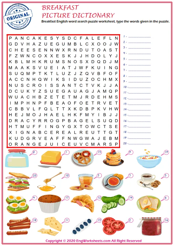 Breakfast English word search puzzle worksheet, type the words given in the puzzle. Worksheet Preview