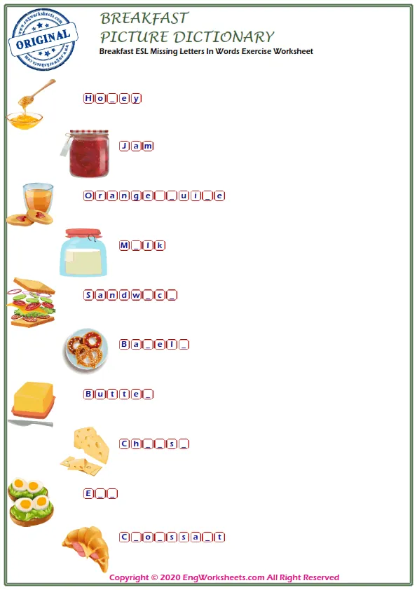 Breakfast ESL Missing Letters In Words Exercise Worksheet Worksheet Preview
