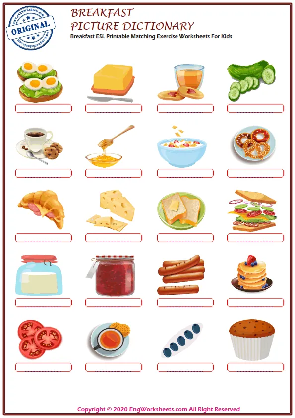 Breakfast ESL Printable Matching Exercise Worksheets For Kids Worksheet Preview