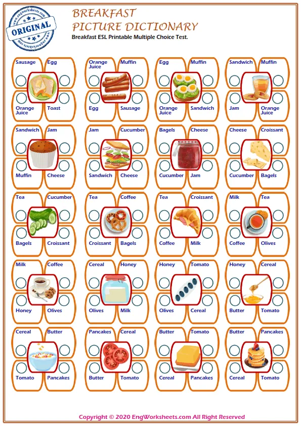 Breakfast ESL Printable Multiple Choice Test. Worksheet Preview