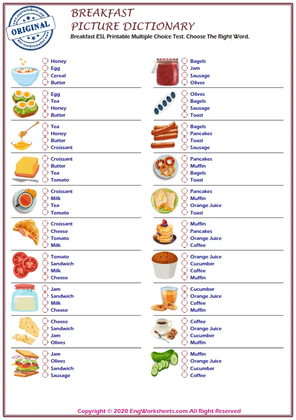 Breakfast ESL Printable Multiple Choice Test. Choose The Right Word. Worksheet Preview