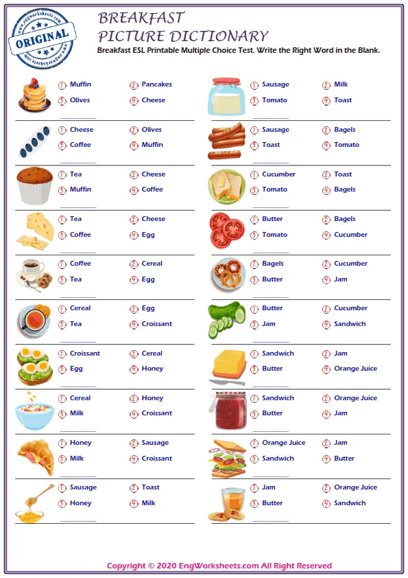 Breakfast ESL Printable Multiple Choice Test. Write the Right Word in the Blank. Worksheet Preview