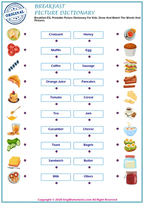 Breakfast ESL Printable Picture Dictionary For Kids. Draw And Match The Words And Pictures. Worksheet Preview