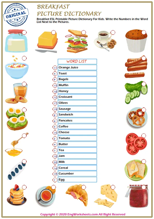 Breakfast ESL Printable Picture Dictionary For Kids. Write the Numbers in the Word List Next to the Pictures. Worksheet Preview