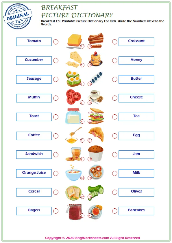 Breakfast ESL Printable Picture Dictionary For Kids. Write the Numbers Next to the Words. Worksheet Preview