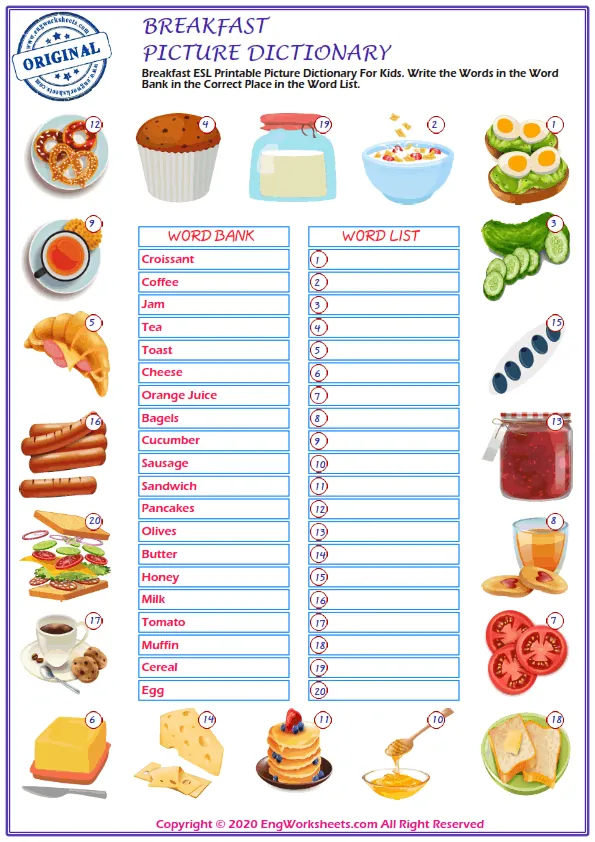 Breakfast ESL Printable Picture Dictionary For Kids. Write the Words in the Word Bank in the Correct Place in the Word List. Worksheet Preview